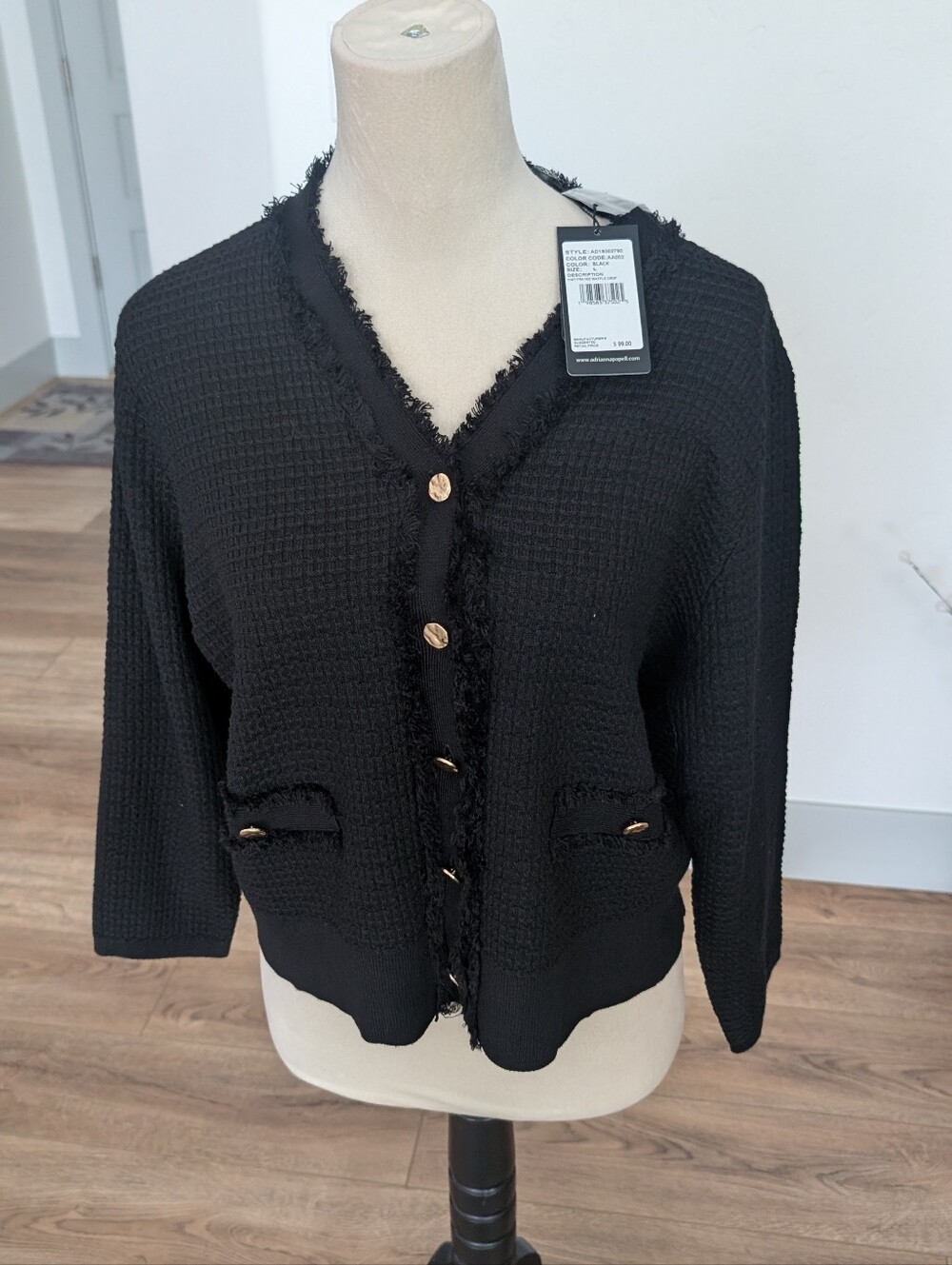 Adrianna Papell Black Fringe-Trim Knit Cardigan with Gold Buttons